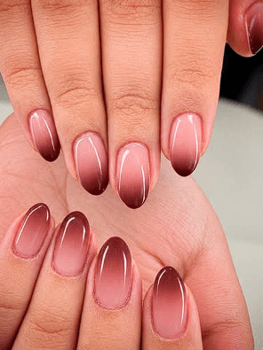 Burgundy to nude ombré almond gel nails