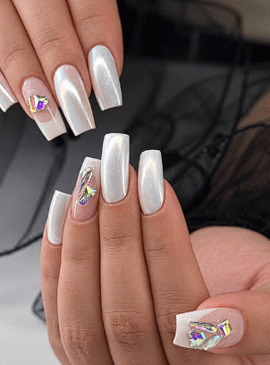 White pearl chrome coffin nails with iridescent crystal gems