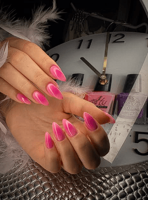 Hot pink chrome almond gel nails